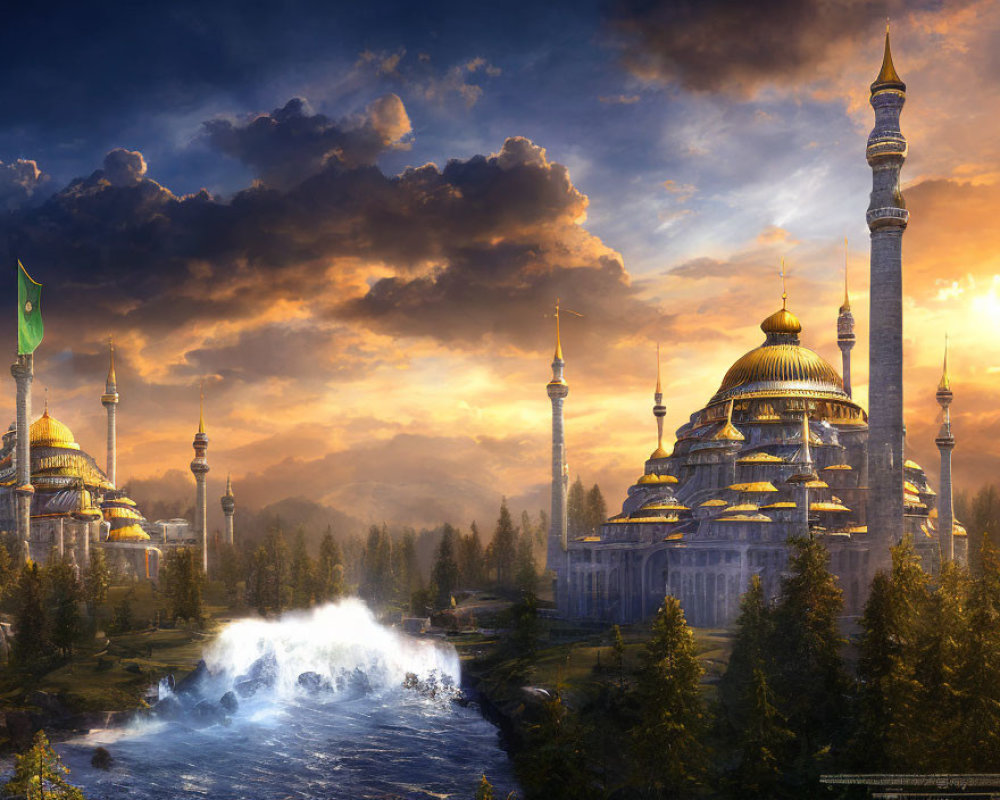 Mosque with Golden Domes Near Waterfall at Sunset