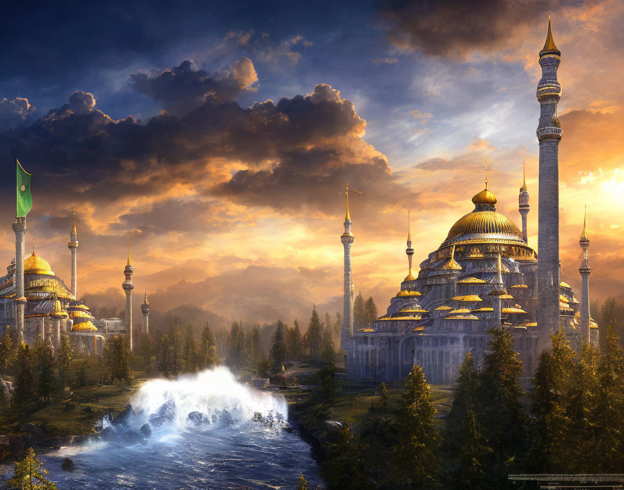 Mosque with Golden Domes Near Waterfall at Sunset