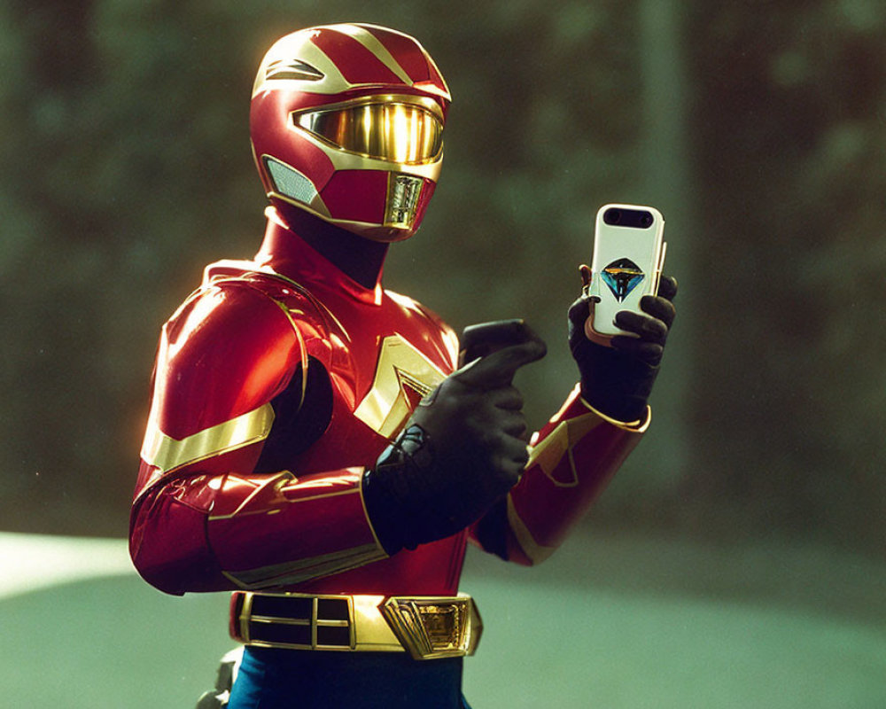 Person in Red and Gold Power Ranger Costume with Smartphone