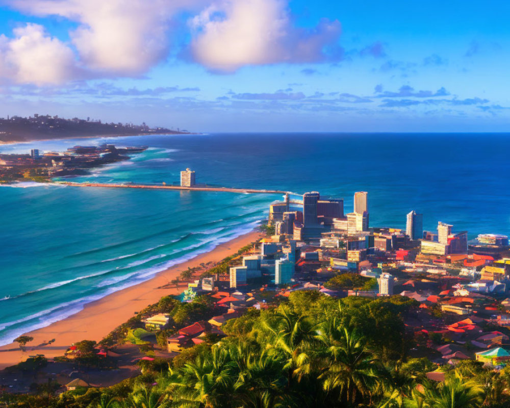 Skyline of coastal city with skyscrapers, beach, and lush greenery.