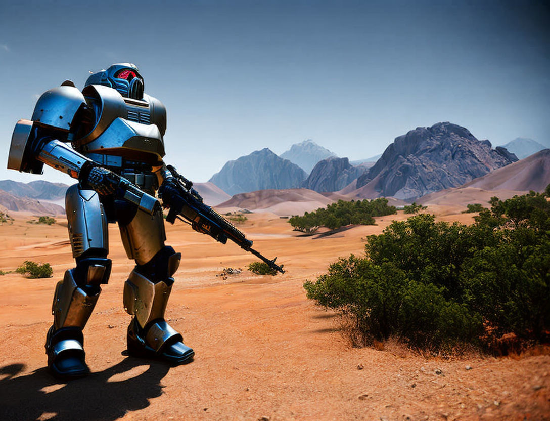 Blue-armored robot with gun in desert landscape with mountains and clear sky