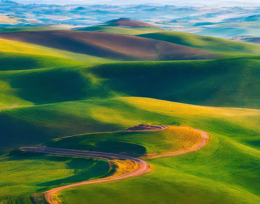 Scenic green hills with winding dirt road and patterns of light and shadow