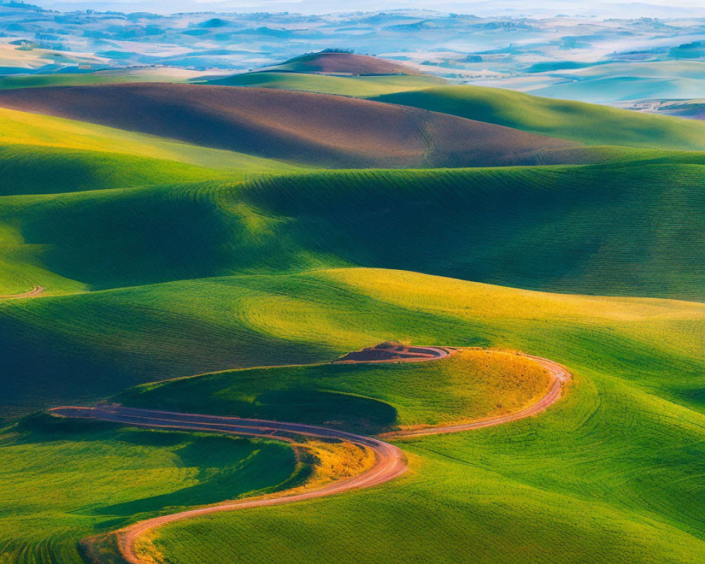 Scenic green hills with winding dirt road and patterns of light and shadow