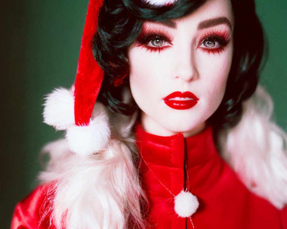 Person with dramatic makeup and red Santa hat on green background wearing red top with white fur trim