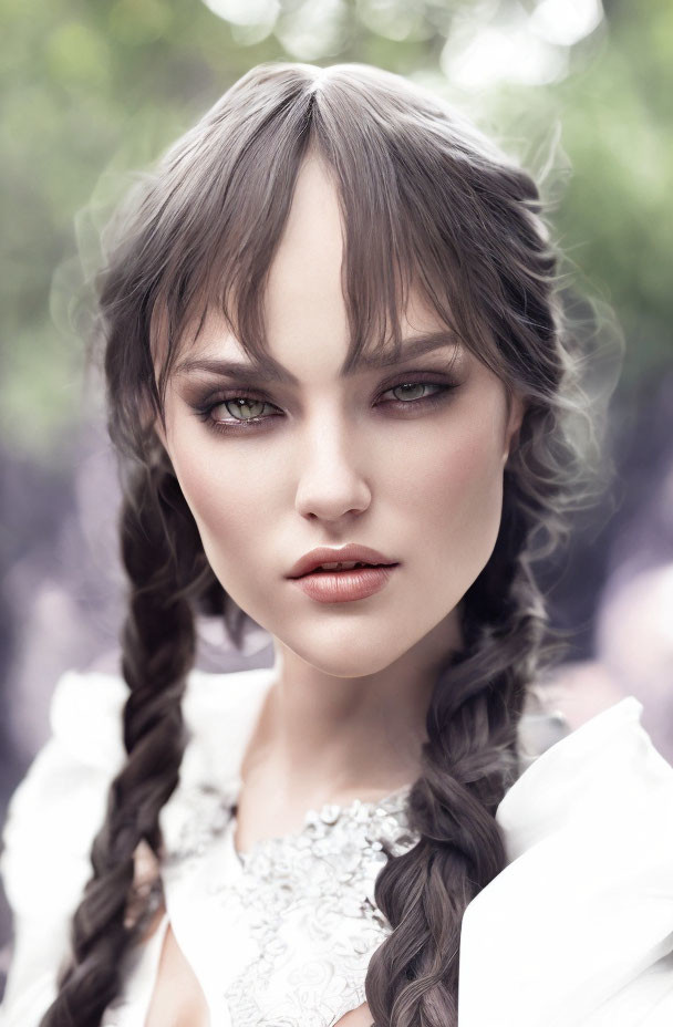 Woman with smoky eye makeup and braids in white lace outfit against natural backdrop