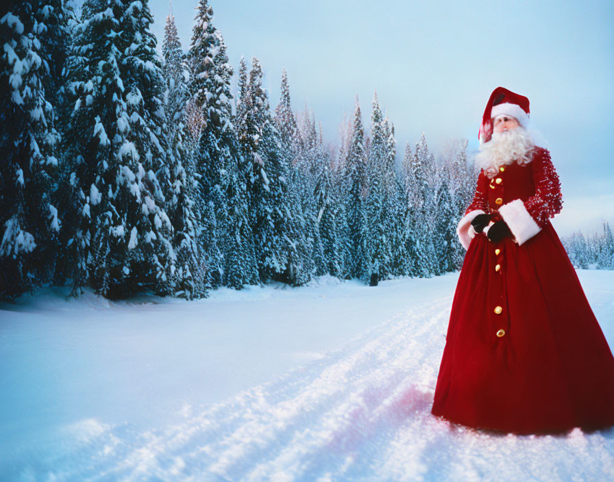 Santa Claus in Snowy Landscape with Pine Trees