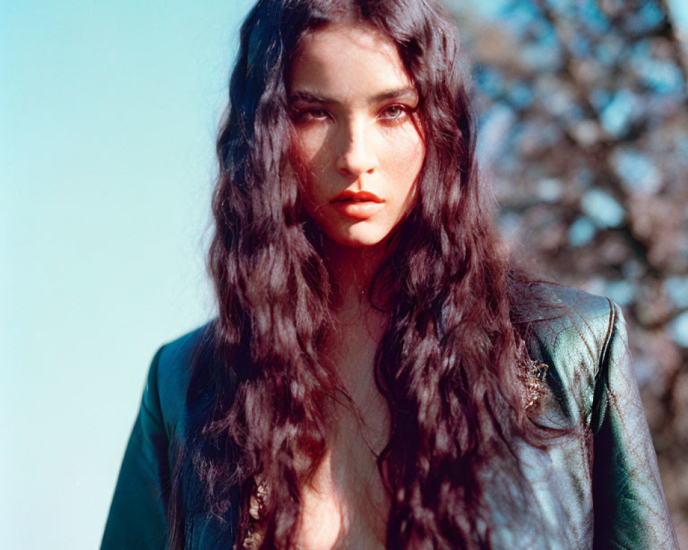 Woman with long dark hair in green jacket against natural backdrop