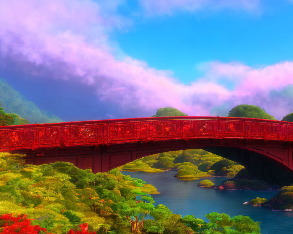 Red bridge over serene river in lush greenery and red foliage landscape