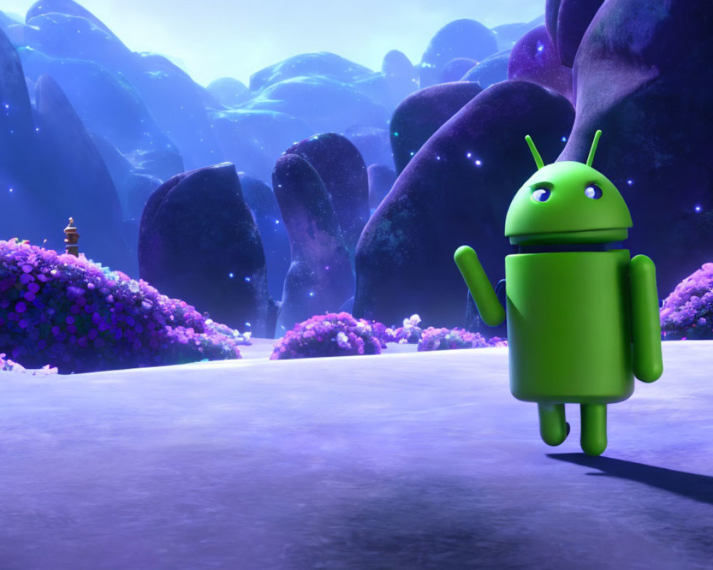 Android mascot in vibrant alien landscape with purple foliage under starry sky