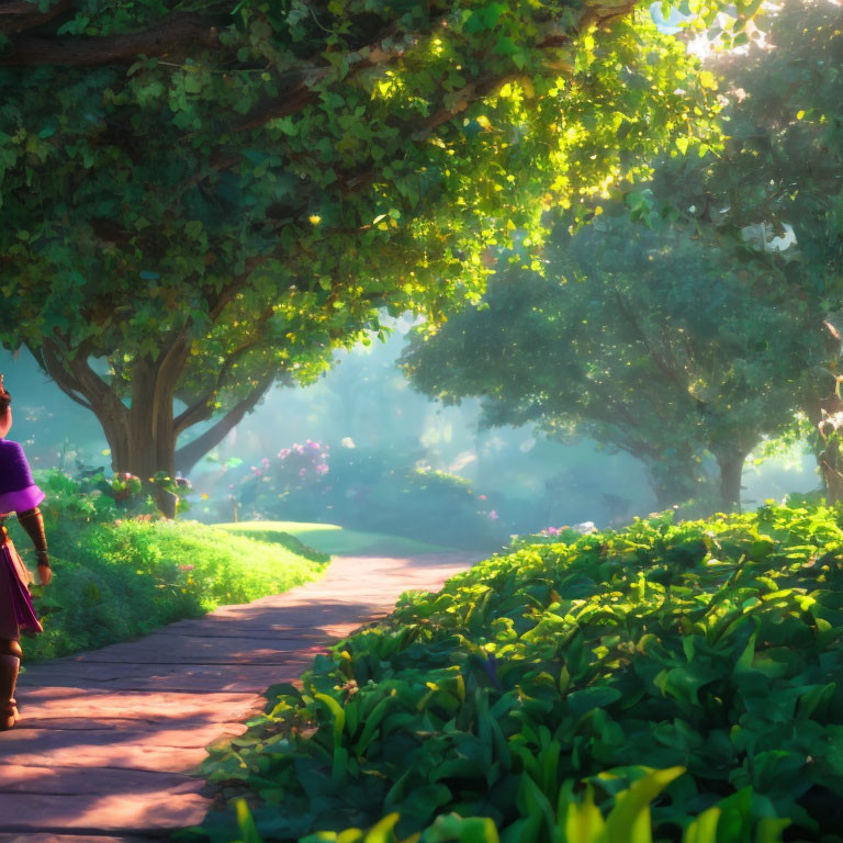 Sunlit Path through Lush Greenery and Trees