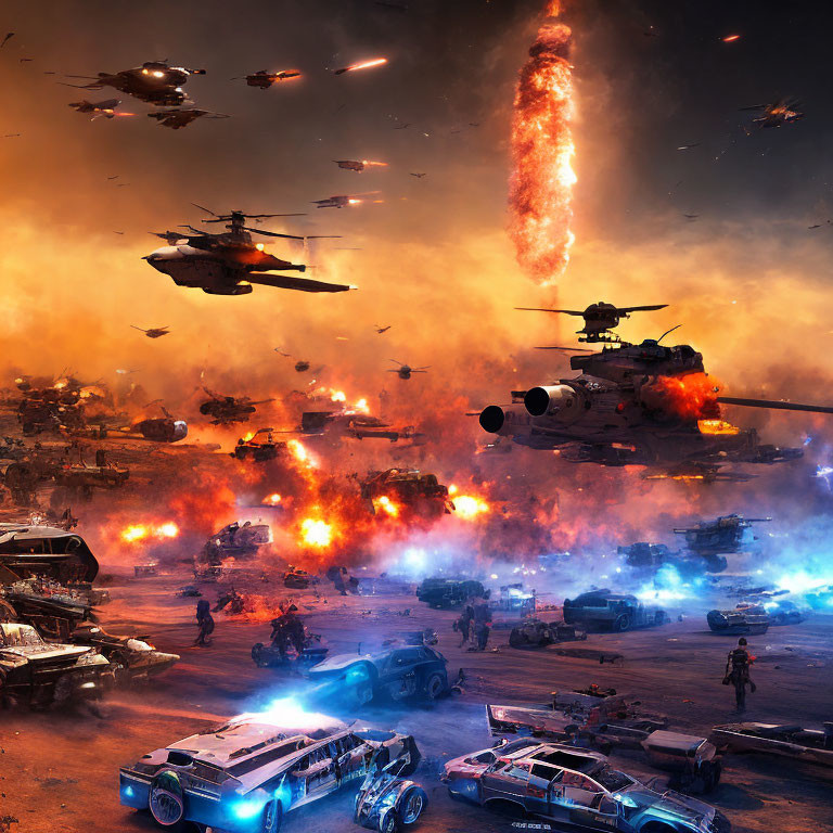 Intense battle scene with helicopters, explosions, advanced vehicles, and towering inferno in dystopian setting