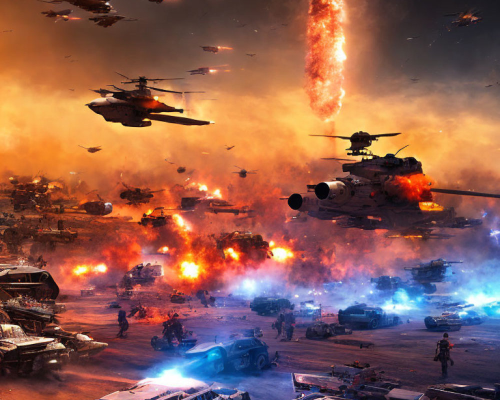 Intense battle scene with helicopters, explosions, advanced vehicles, and towering inferno in dystopian setting