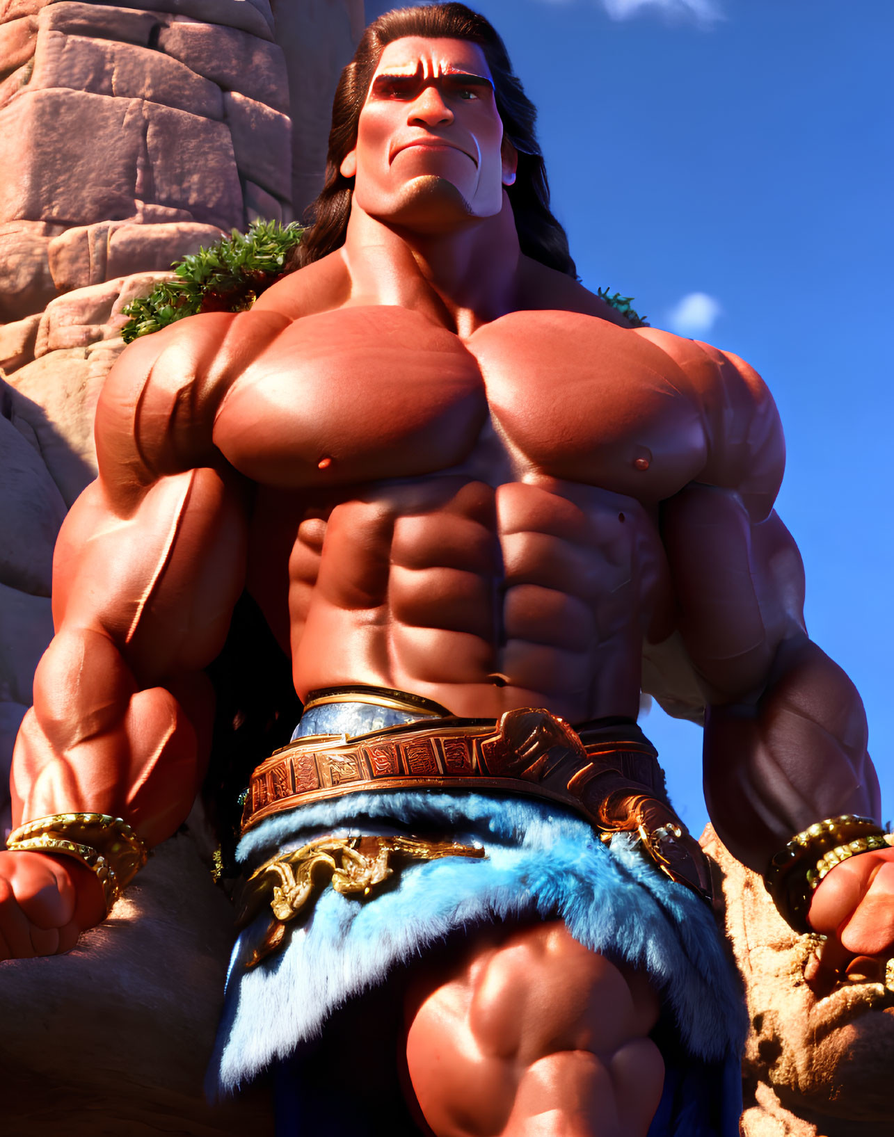 Muscular animated character in loincloth and armbands against rocky terrain