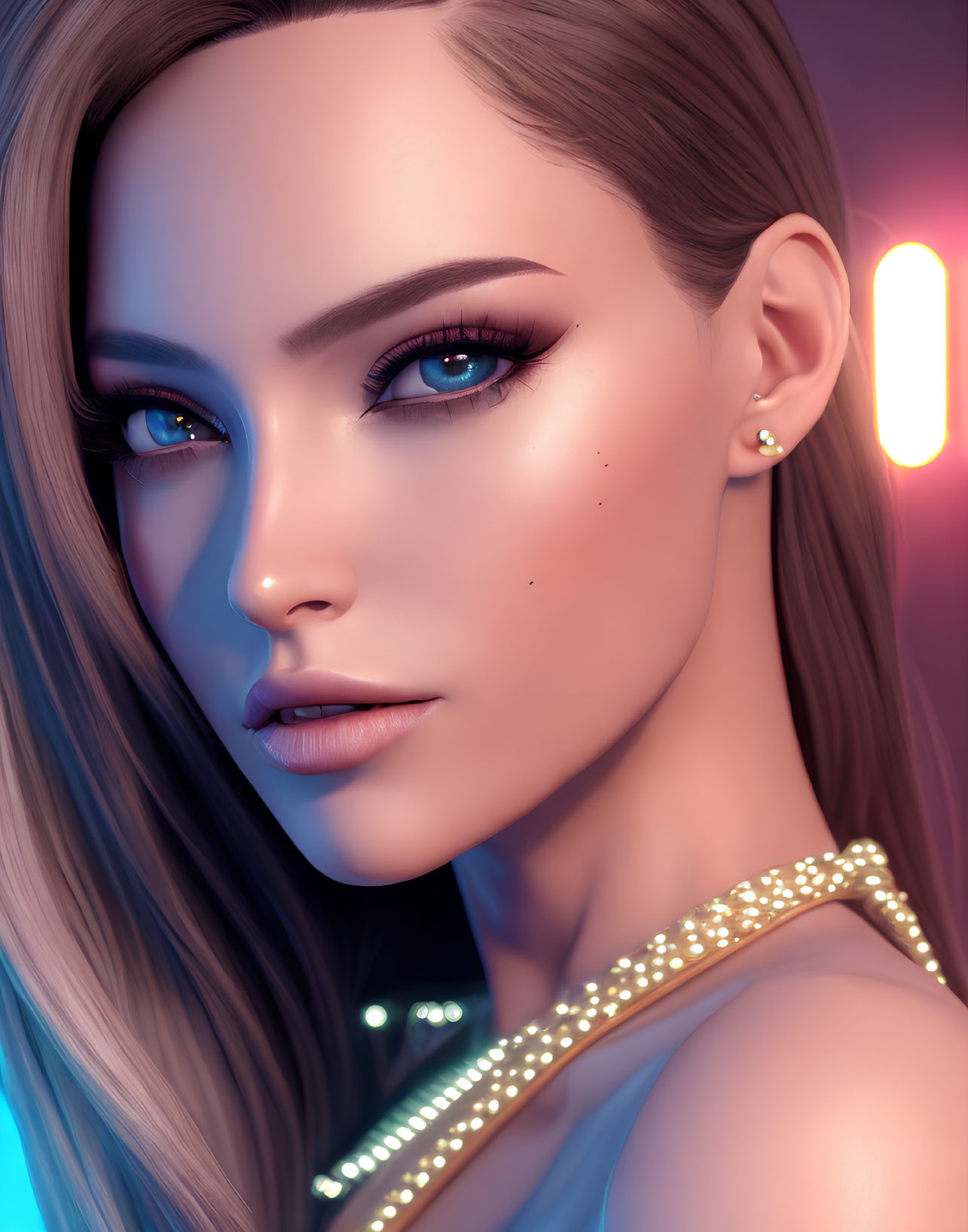 Portrait of woman with blue eyes, smooth skin, and pearl jewelry against neon background