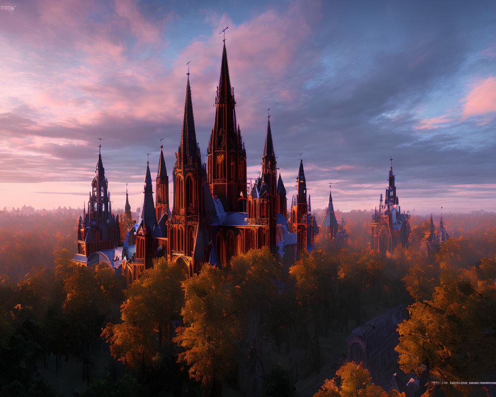 Gothic cathedral in autumn forest at sunrise or sunset