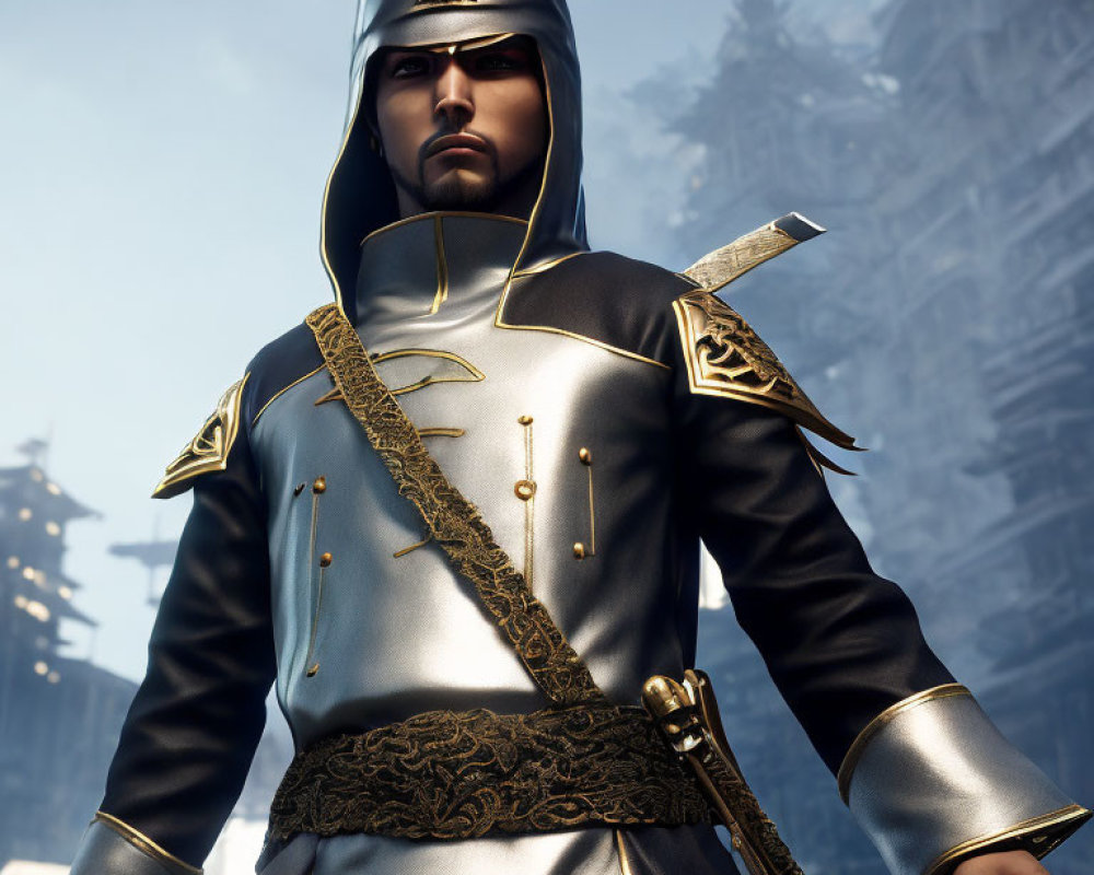 Armored knight with hood and golden trim, holding sheathed sword in 3D rendering