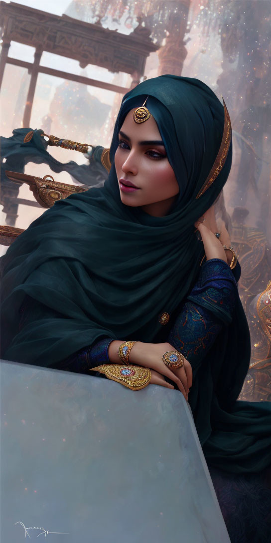 Elegant woman in traditional hijab with jewelry in luxurious setting