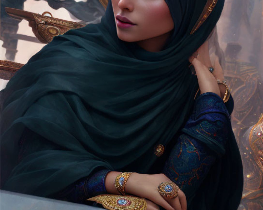 Elegant woman in traditional hijab with jewelry in luxurious setting