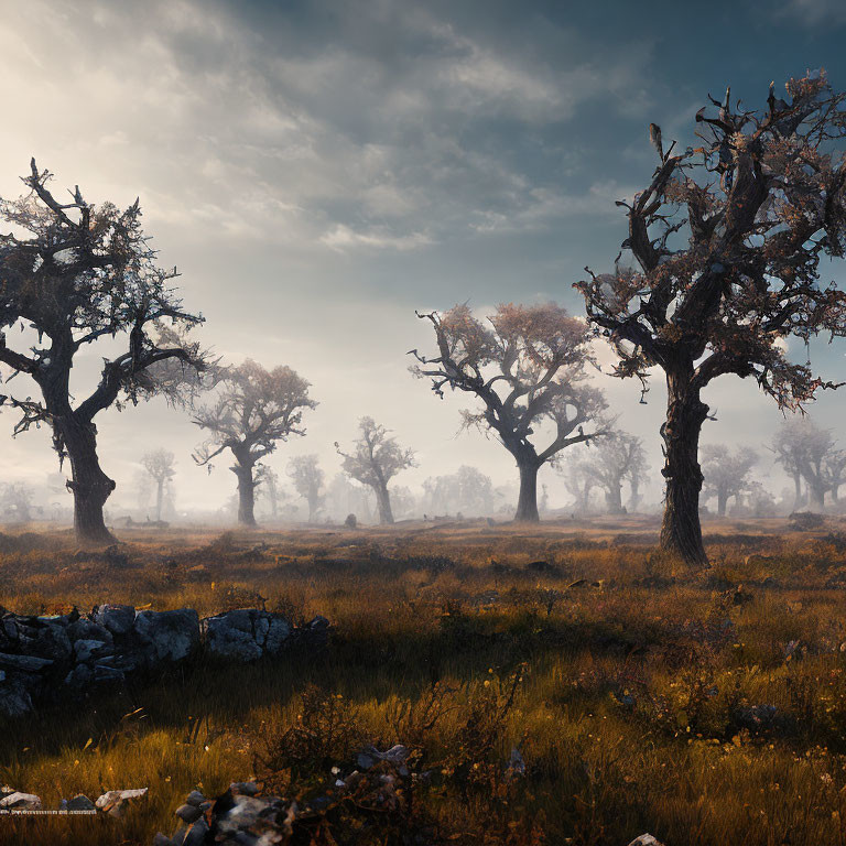 Sunlit meadow with gnarled trees and misty background.