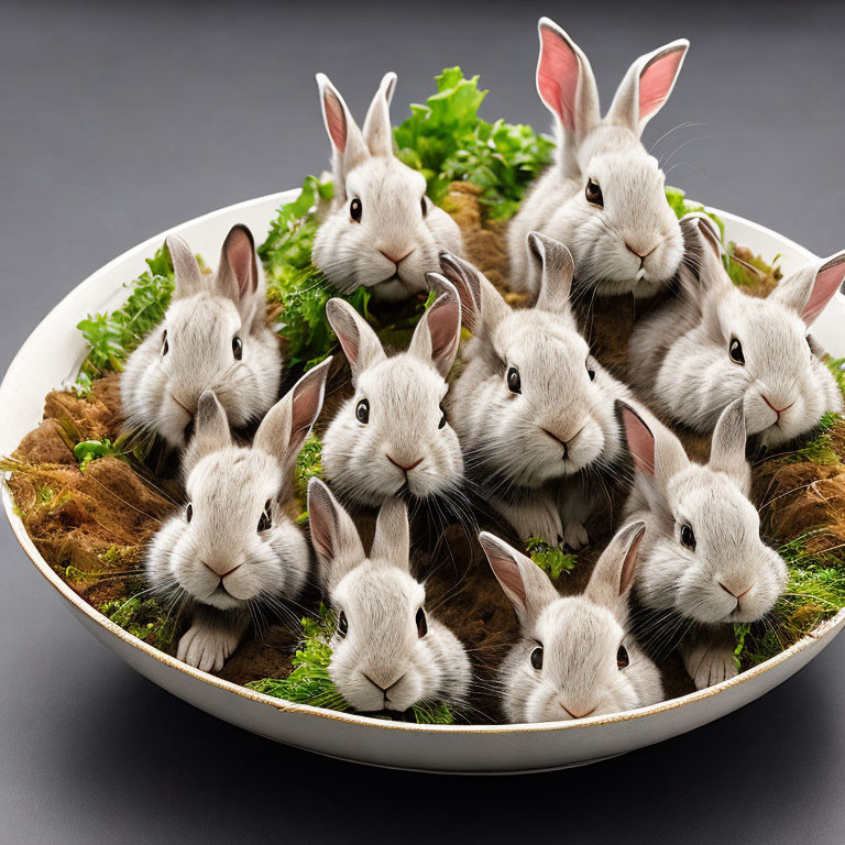 Plate with photorealistic rabbits among lettuce on black background