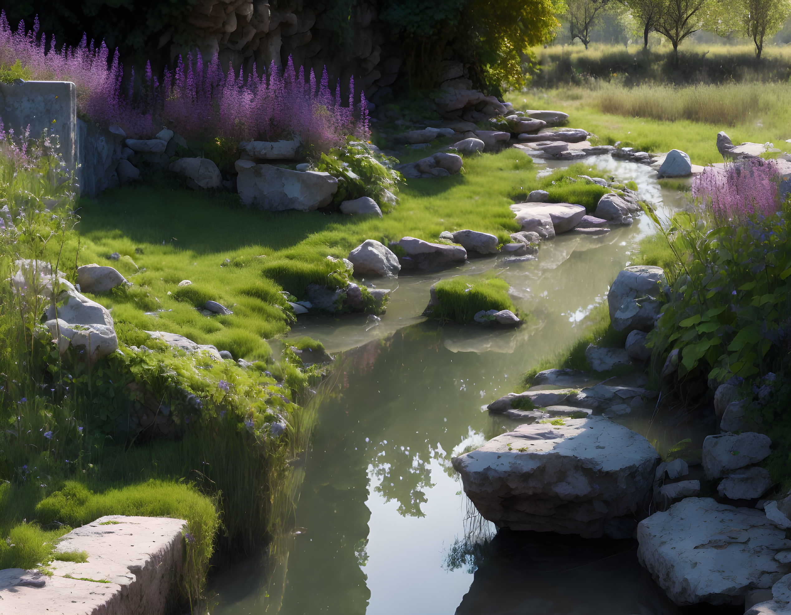 Tranquil stream flowing through lush grass with stepping stones, purple flowers, and trees under soft light