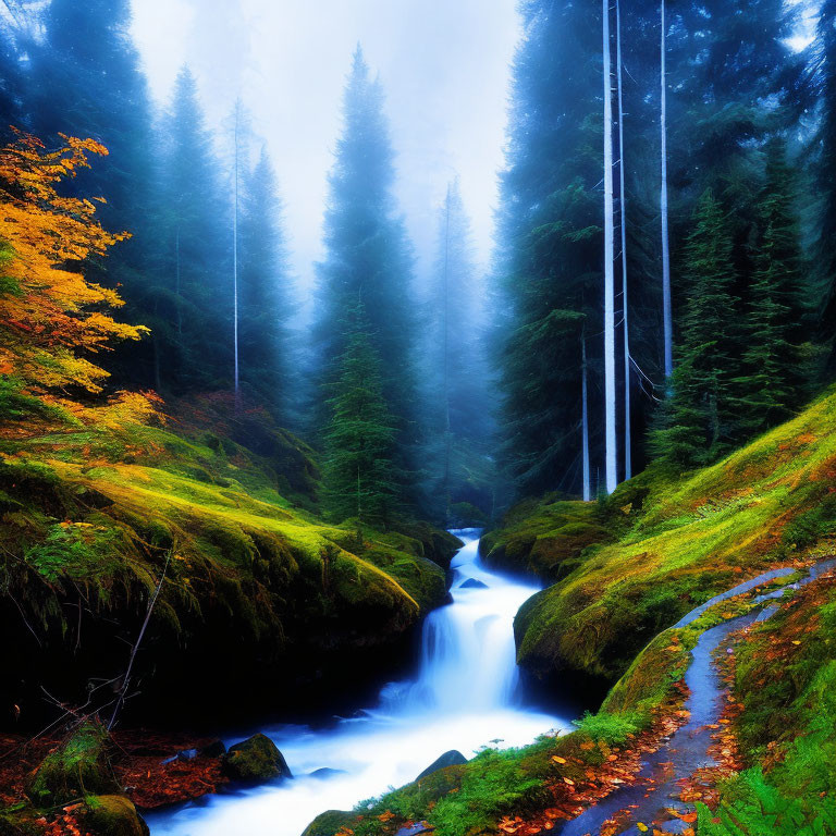 Lush forest scene with waterfall, misty conifers, and winding path