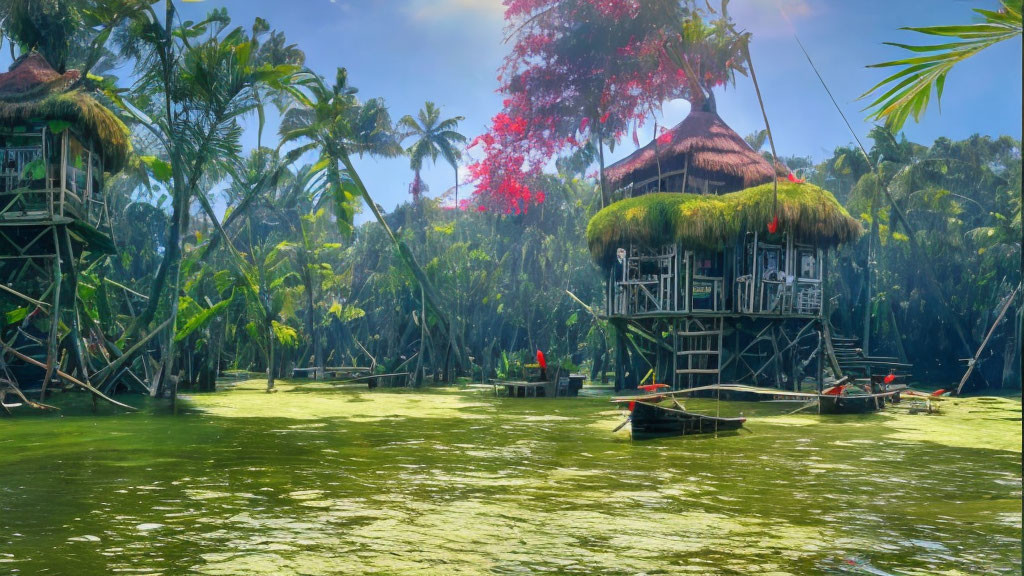 Tropical river scene with thatched-roof huts and boats in lush greenery