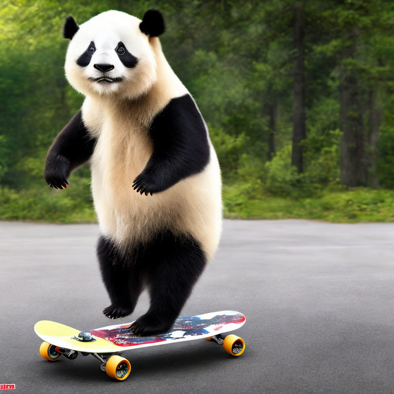 Whimsical panda bear skateboarding in digital art forest