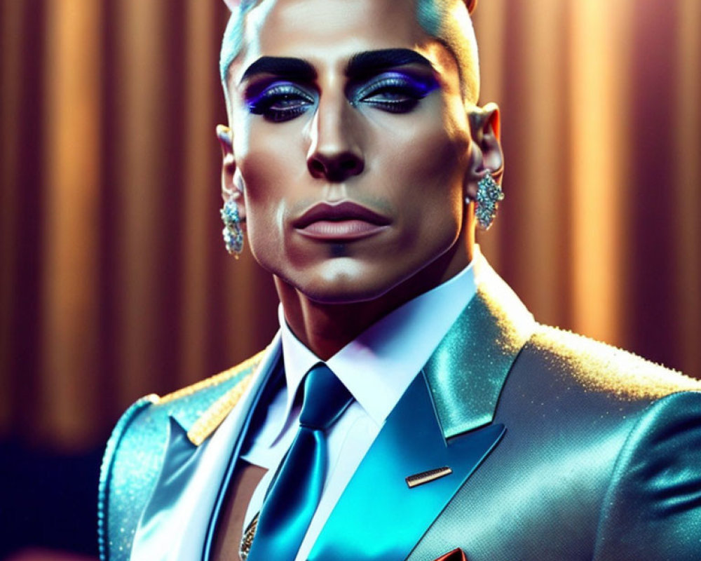 Stylish person with silver hair and blue suit on amber backdrop