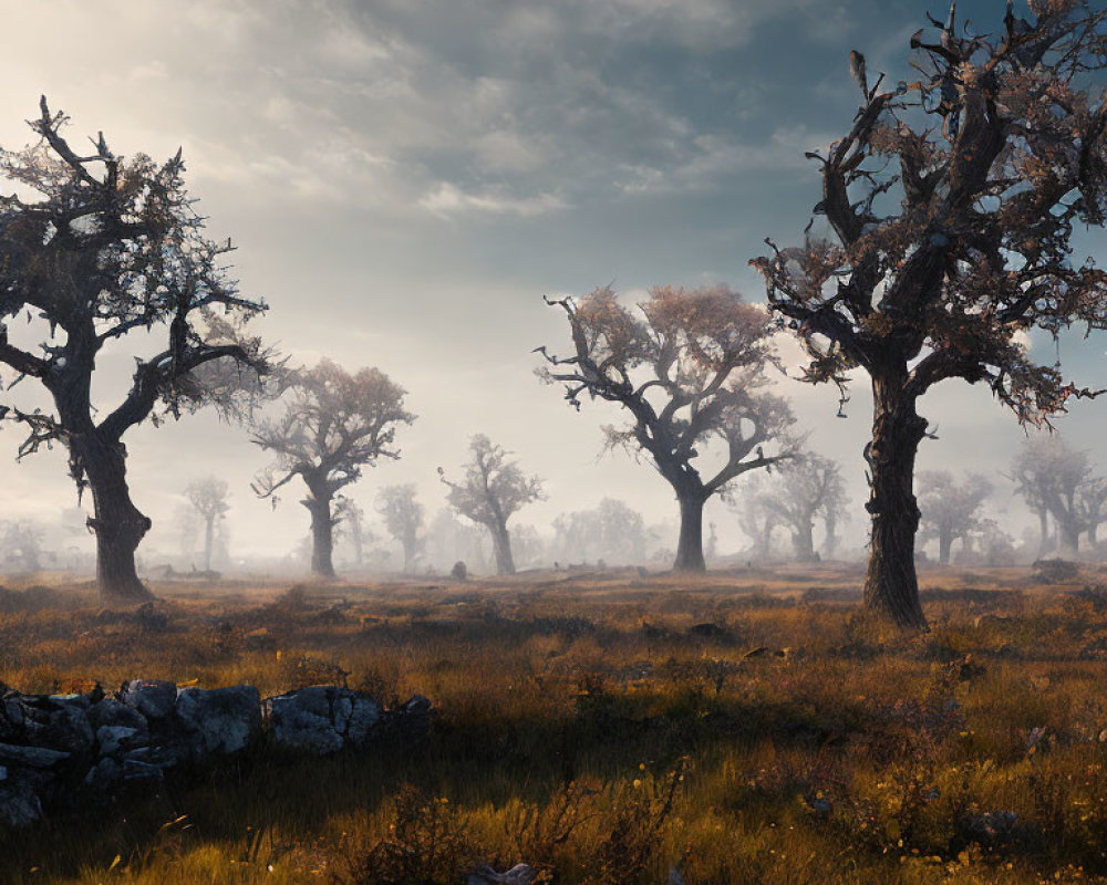 Sunlit meadow with gnarled trees and misty background.