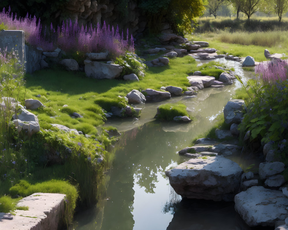 Tranquil stream flowing through lush grass with stepping stones, purple flowers, and trees under soft light