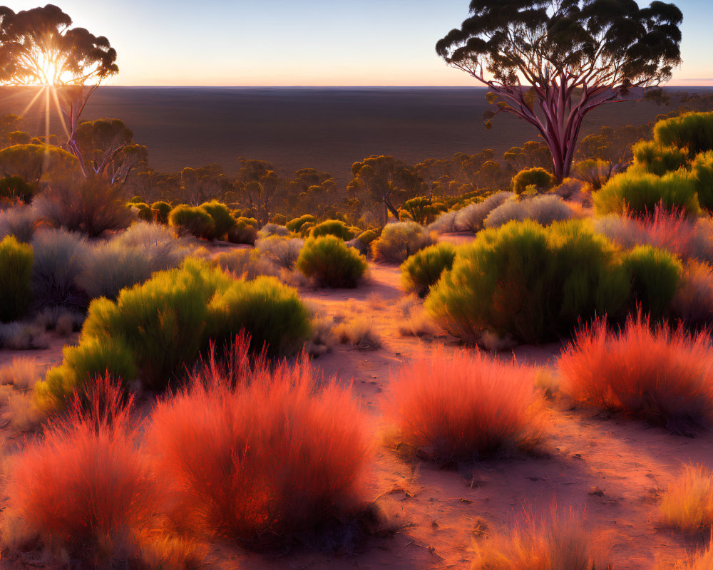 Colorful sunrise over desert landscape with fiery grasses, lone tree, and dense forest.