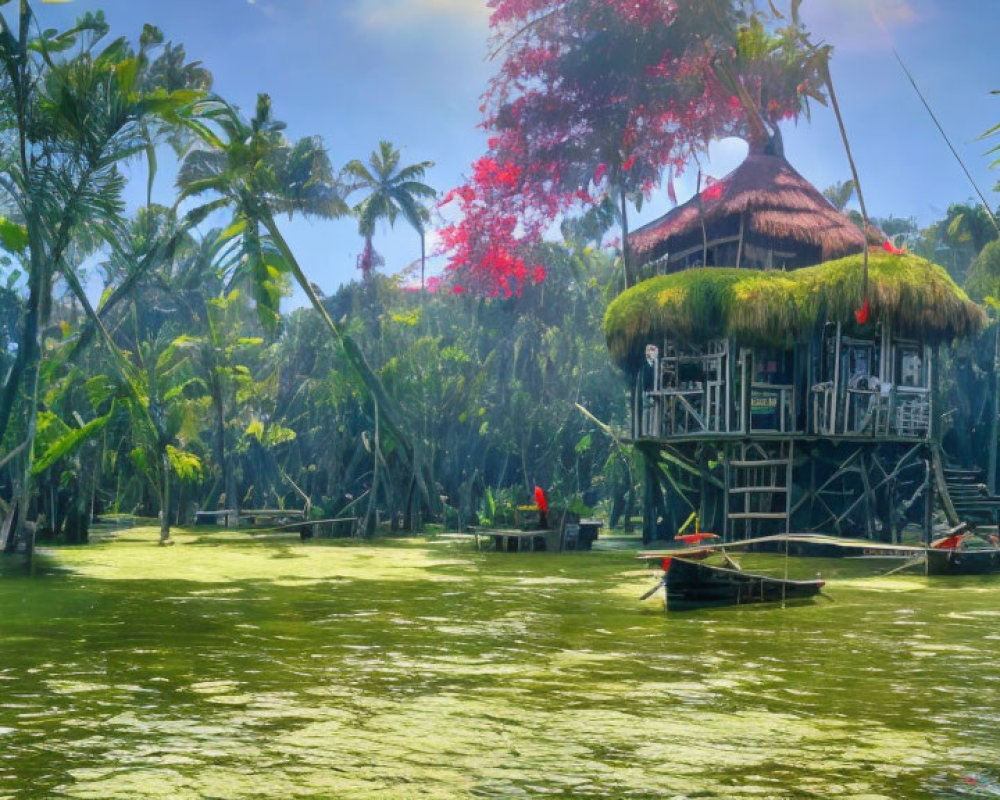 Tropical river scene with thatched-roof huts and boats in lush greenery