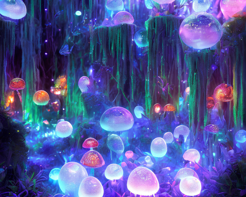 Enchanted Forest with Luminescent Trees and Glowing Creatures