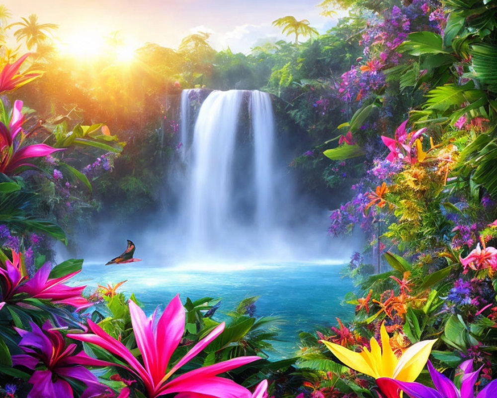 Majestic waterfall in vibrant tropical scene