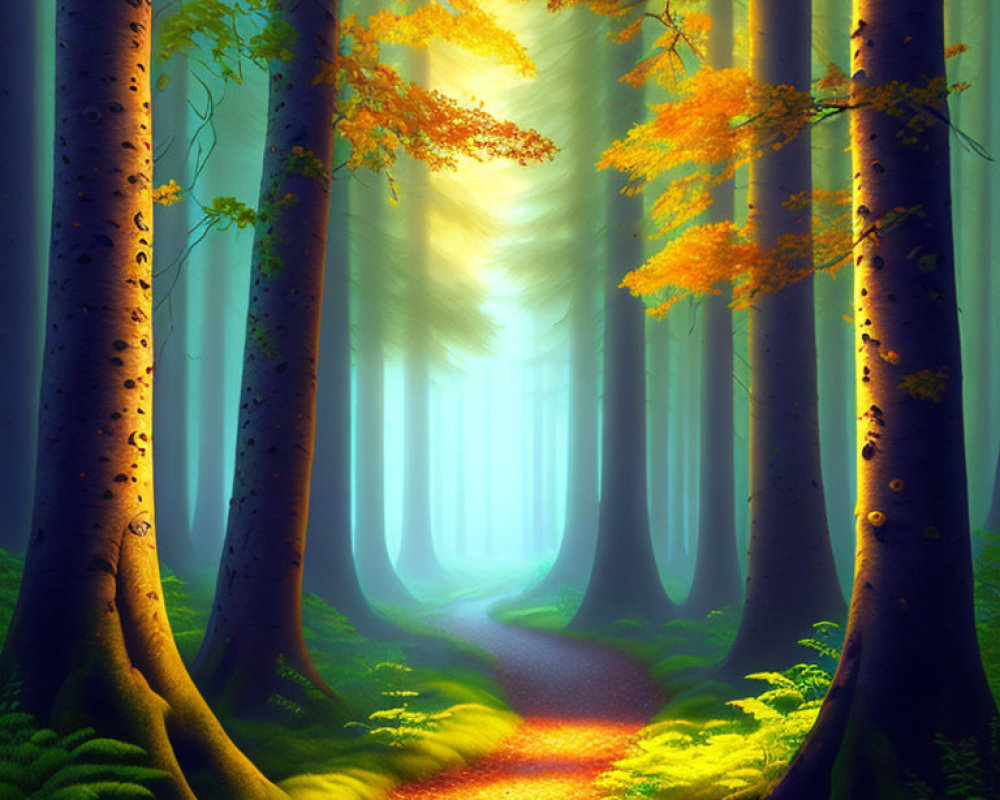 Enchanting forest scene with tall trees, sunlit path, moss, fog, and autumn leaves