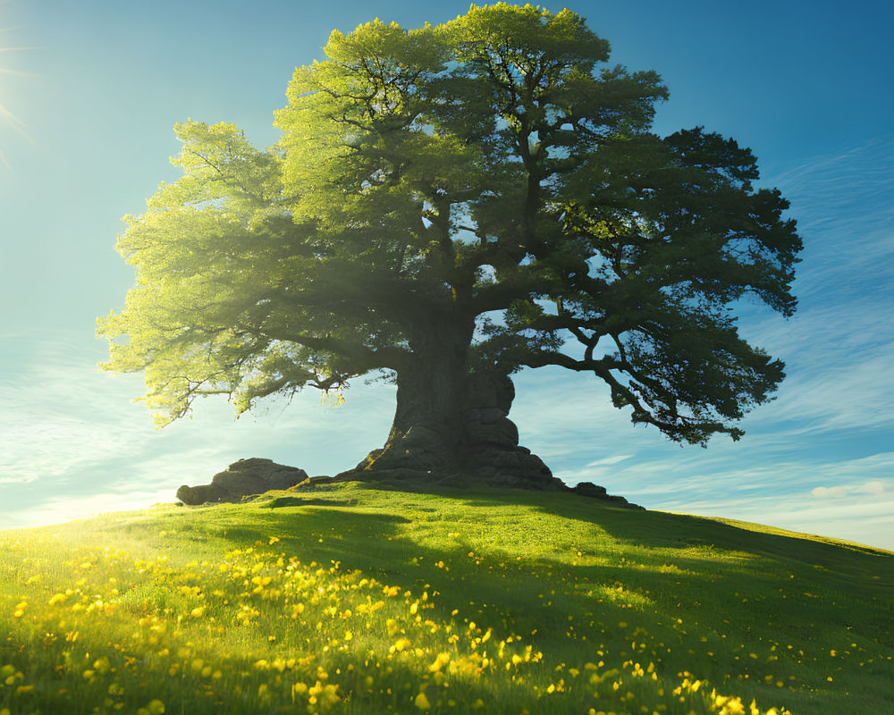 Majestic tree on vibrant green hill with yellow flowers under blue sky