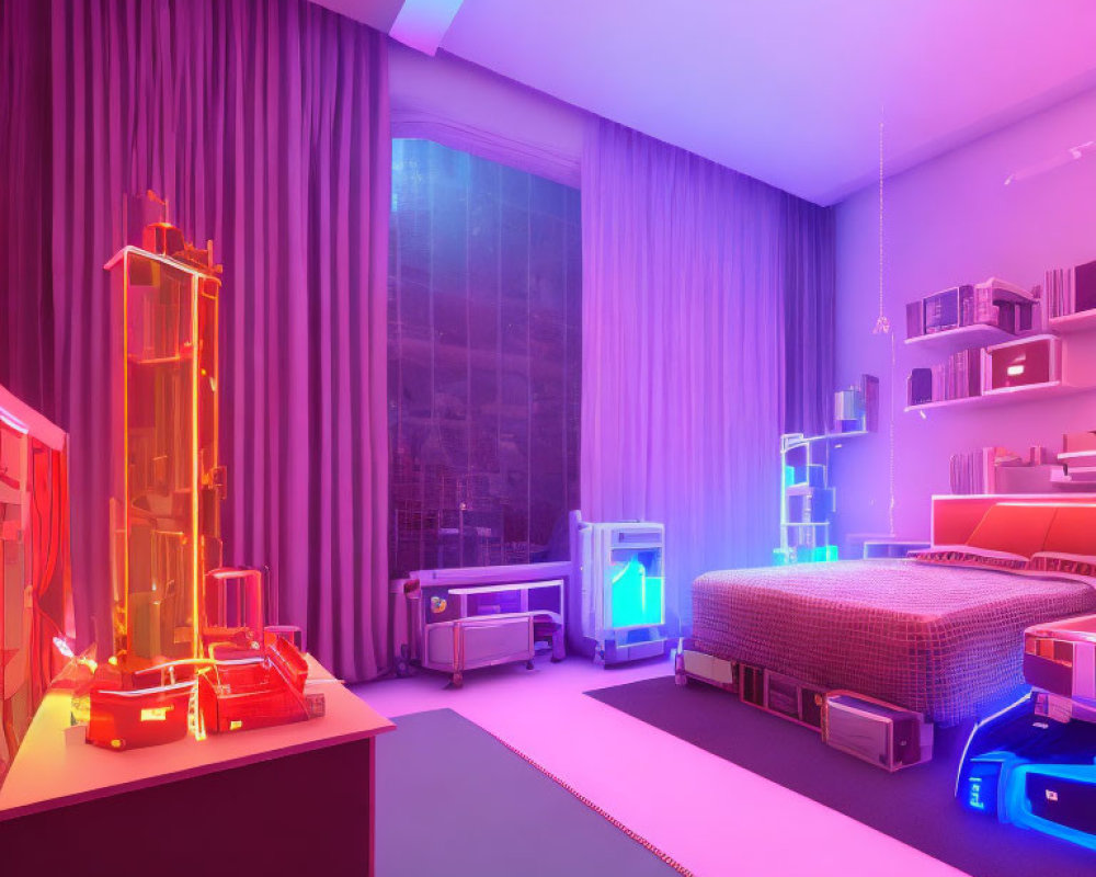 Modern bedroom with neon lights, modern furniture, and city view at dusk