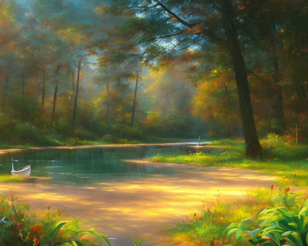 Ethereal forest scene with sunbeams, mist, pond, and autumnal trees