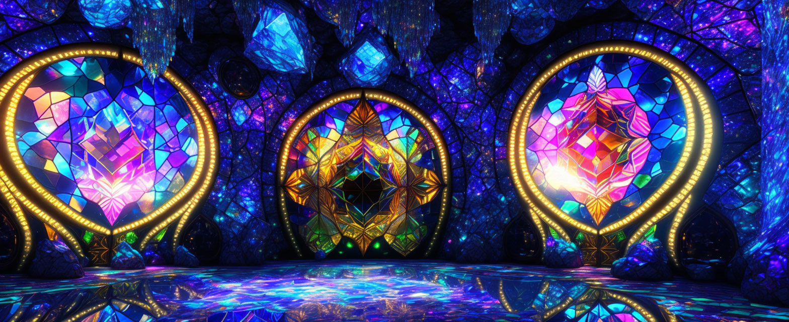 Colorful digital art of three luminescent portals in a mystic cave