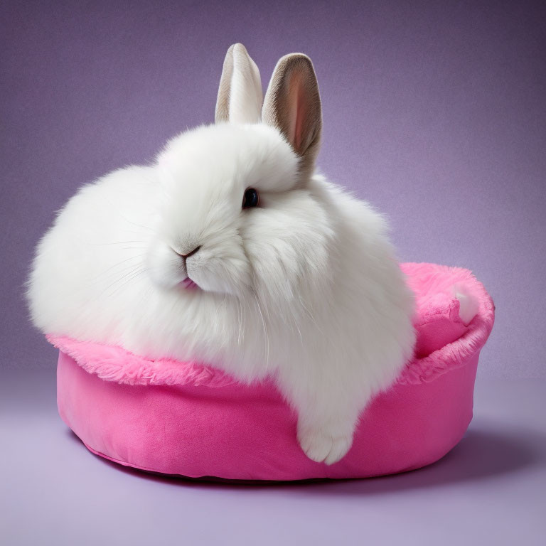 White Rabbit Sitting in Pink Pet Bed on Purple Background