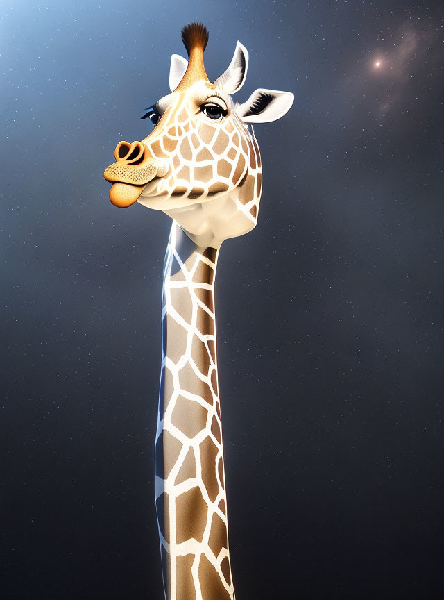 Whimsical giraffe digital illustration under starry sky