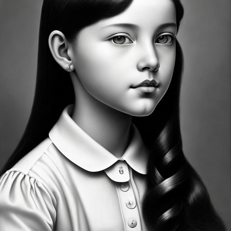 Monochromatic portrait of young girl with long wavy hair and collared shirt