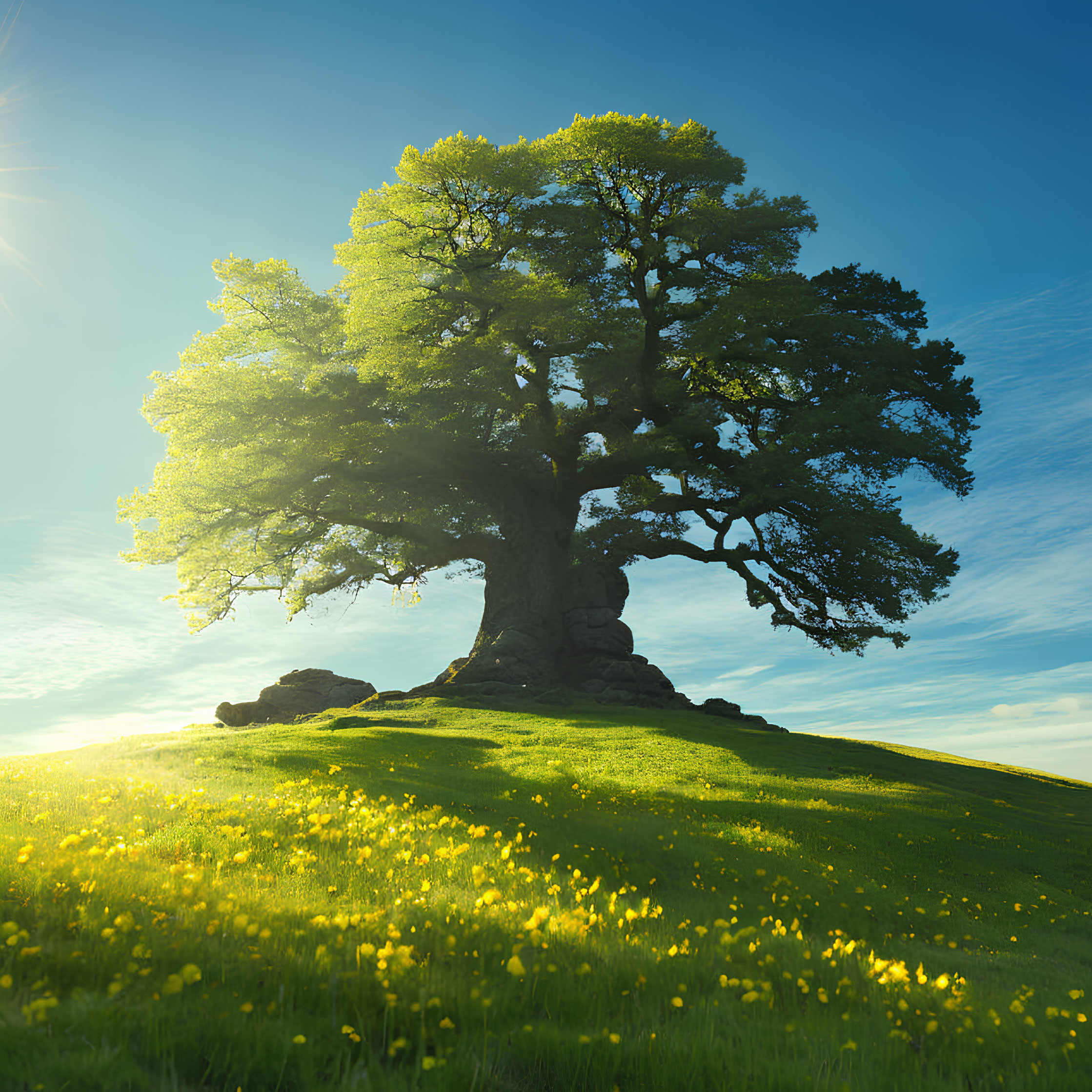 Majestic tree on vibrant green hill with yellow flowers under blue sky