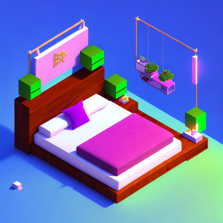 Modern Bedroom with Wooden Bed, Pink Bedding, Green Side Tables, Hanging Plant Shelf, Colorful