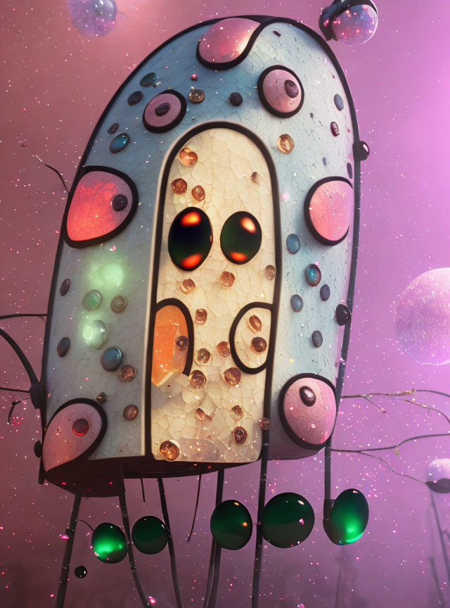 Spotted lantern-like creature with eyes on pink background