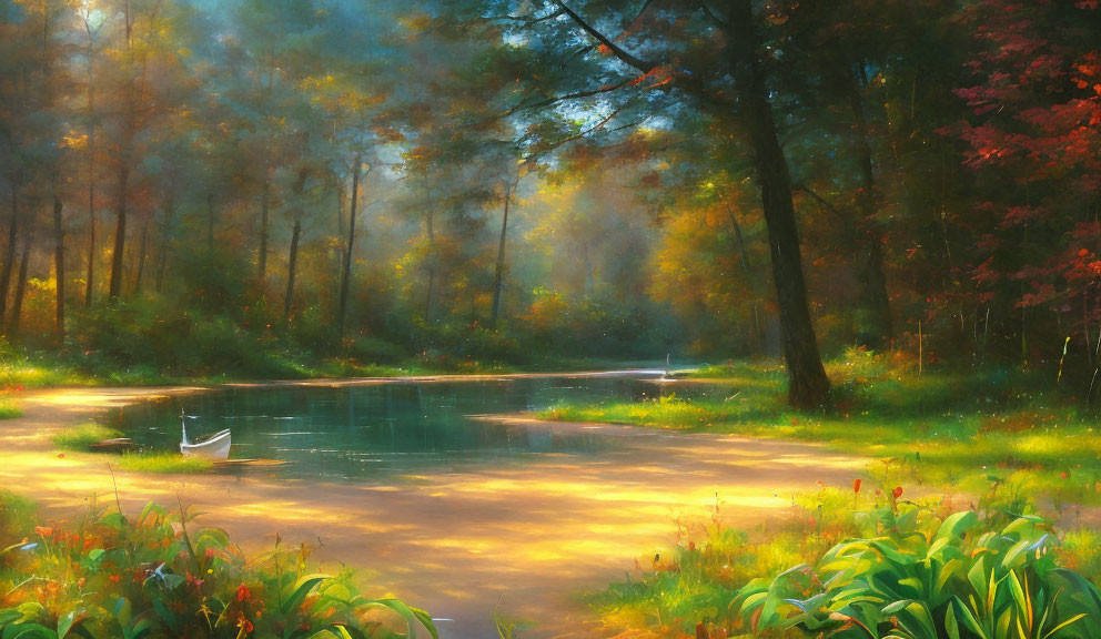 Ethereal forest scene with sunbeams, mist, pond, and autumnal trees