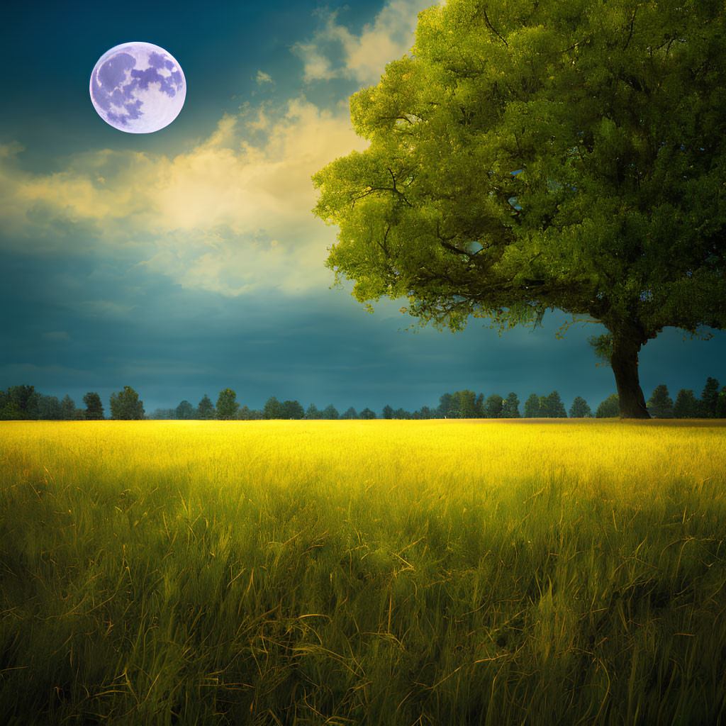 Golden field with solitary tree under twilight sky and full moon