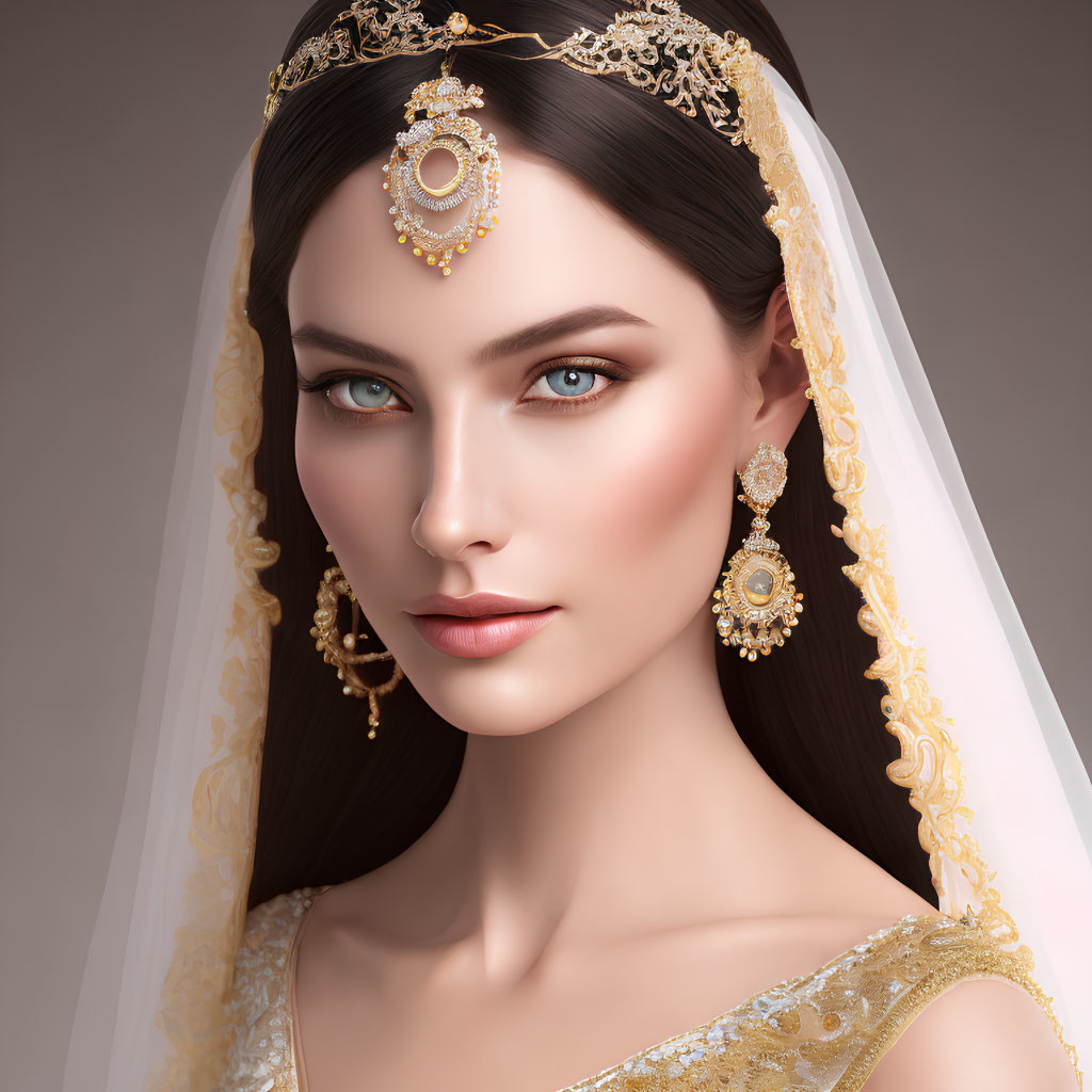 Portrait of Woman in Golden Jewelry and Veil with Blue Eyes