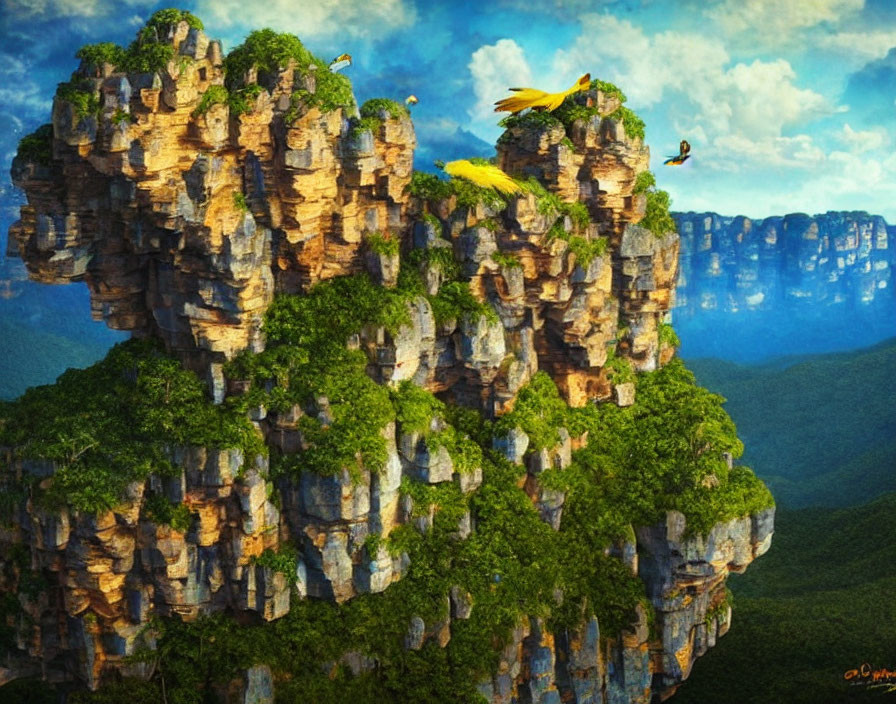 Rocky landscape with giant head shape, lush greenery, colorful birds, and bright sky.